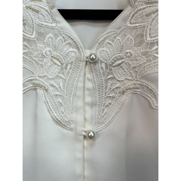VintageKathy Che Womens Button Up Shirt Size 12P Ivory Embroidered Sheer Dainty - Picture 6 of 10